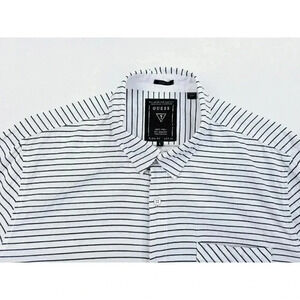 Guess Size Large Mens Slim Fit White Black Stripe Hem Logo Tag Long Sleeve Shirt